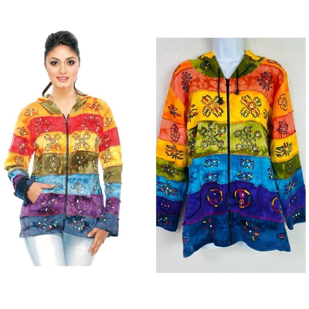 Rising International Colorful Striped Painted Cotton Zip Up Hoodie Size M